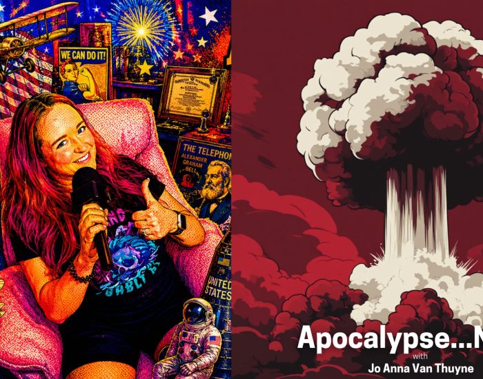 "Pop-art illustration celebrating America 250 with patriotic imagery, fireworks, and American inventions."