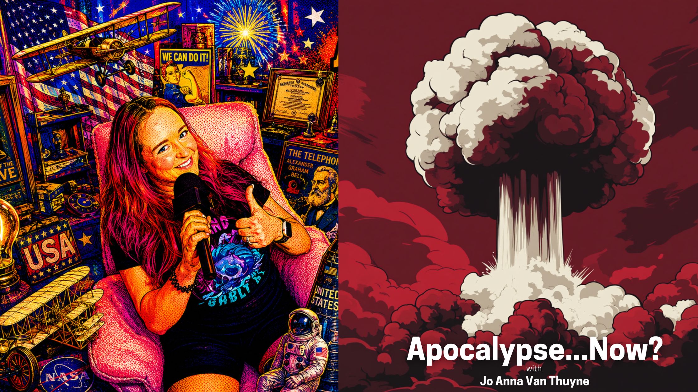 "Pop-art illustration celebrating America 250 with patriotic imagery, fireworks, and American inventions."