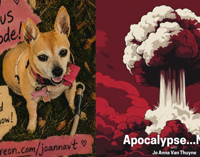 Trixie the Chihuahua promoting a Patreon-exclusive bonus episode about AI, creativity, and the making of the Apocalypse...Now? podcast.