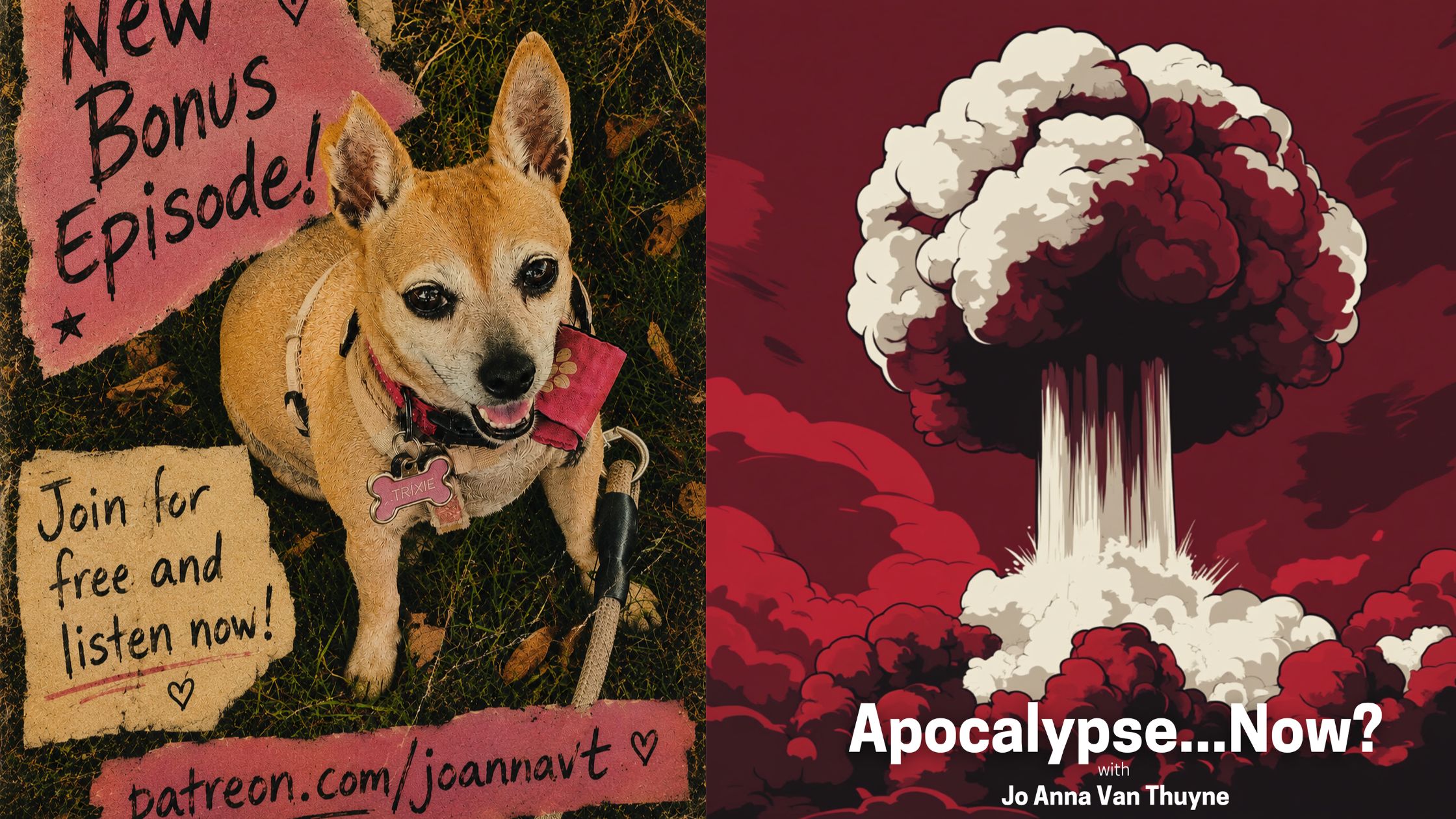 Trixie the Chihuahua promoting a Patreon-exclusive bonus episode about AI, creativity, and the making of the Apocalypse...Now? podcast.